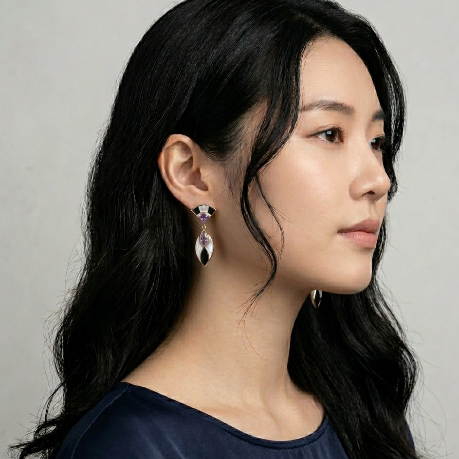 14K Kabana Onyx, Mother-of-Pearl & Amethyst Drop Earrings
